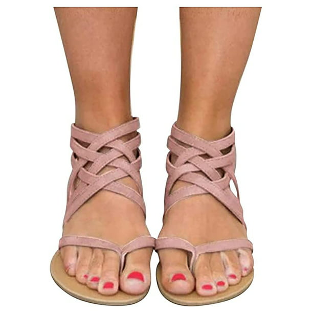 Womens Platform Peep Toe Woven Zipper Flat Thick-Bottom Sandals Roman,Pink,7, 
